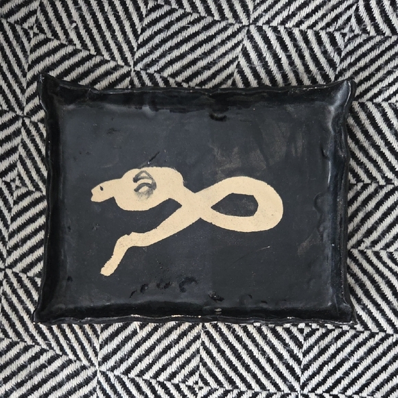 Vintage Other - 😸Black & Cream Snake Folk Art Tray | Signed MV | Brutalist Naïve Style